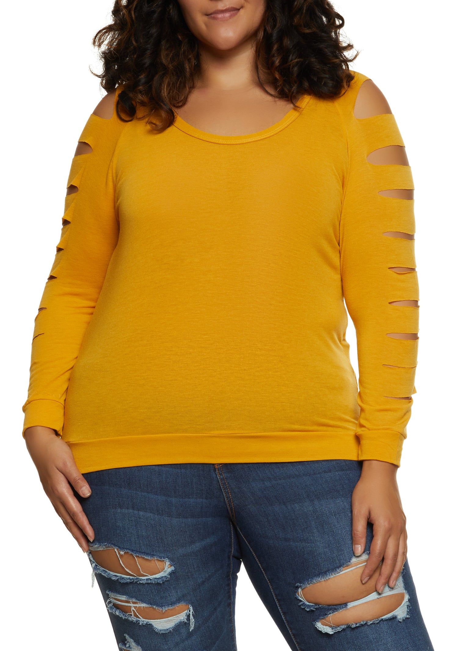 Plus Size Slashed Long Sleeve Scoop Neck Top sold by Rainbow