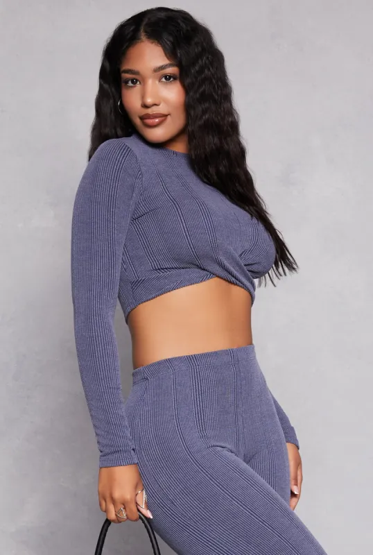 Ribbed Knit Twist Front Long Sleeve Crop Top sold by Rainbow