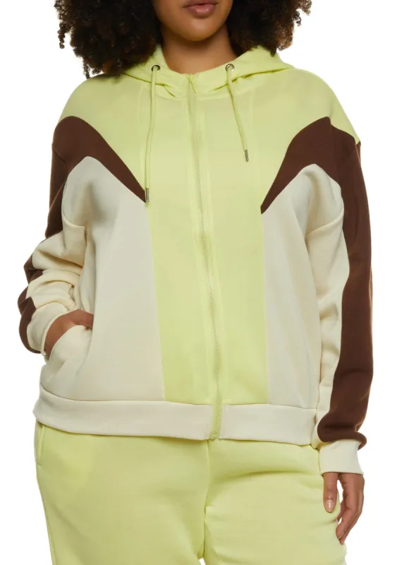 Plus Size Color Blocked Zip Front Hooded Sweatshirt sold by Rainbow