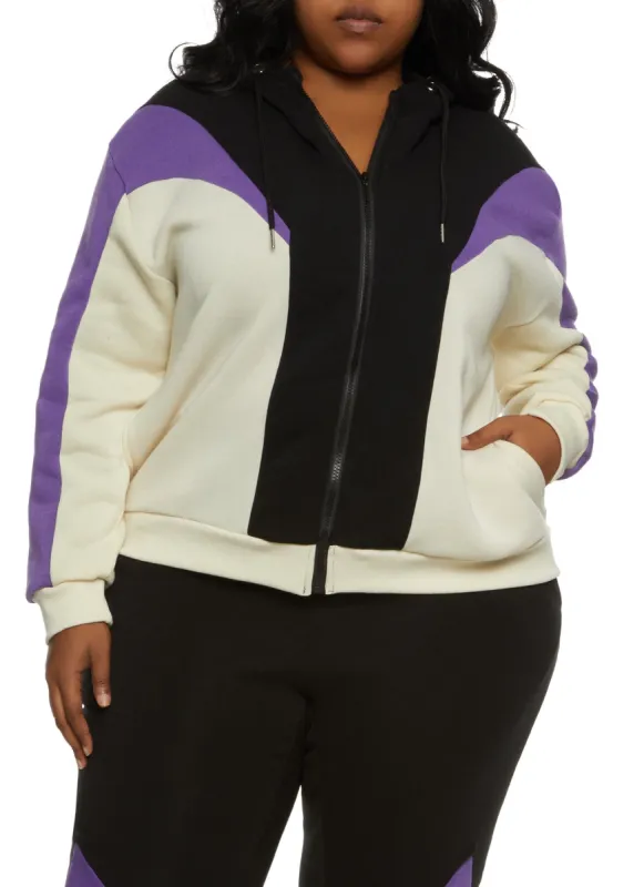 Plus Size Color Blocked Zip Front Hooded Sweatshirt sold by Rainbow