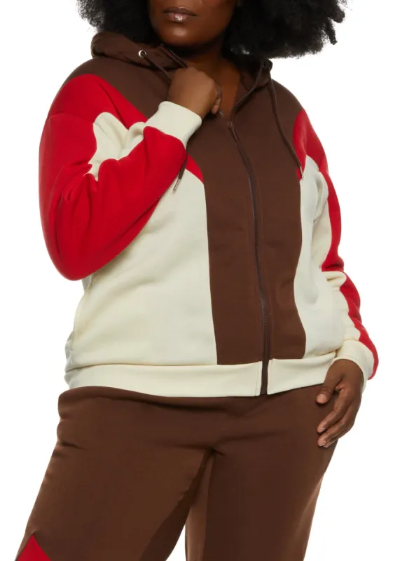 Plus Size Color Blocked Zip Front Hooded Sweatshirt sold by Rainbow