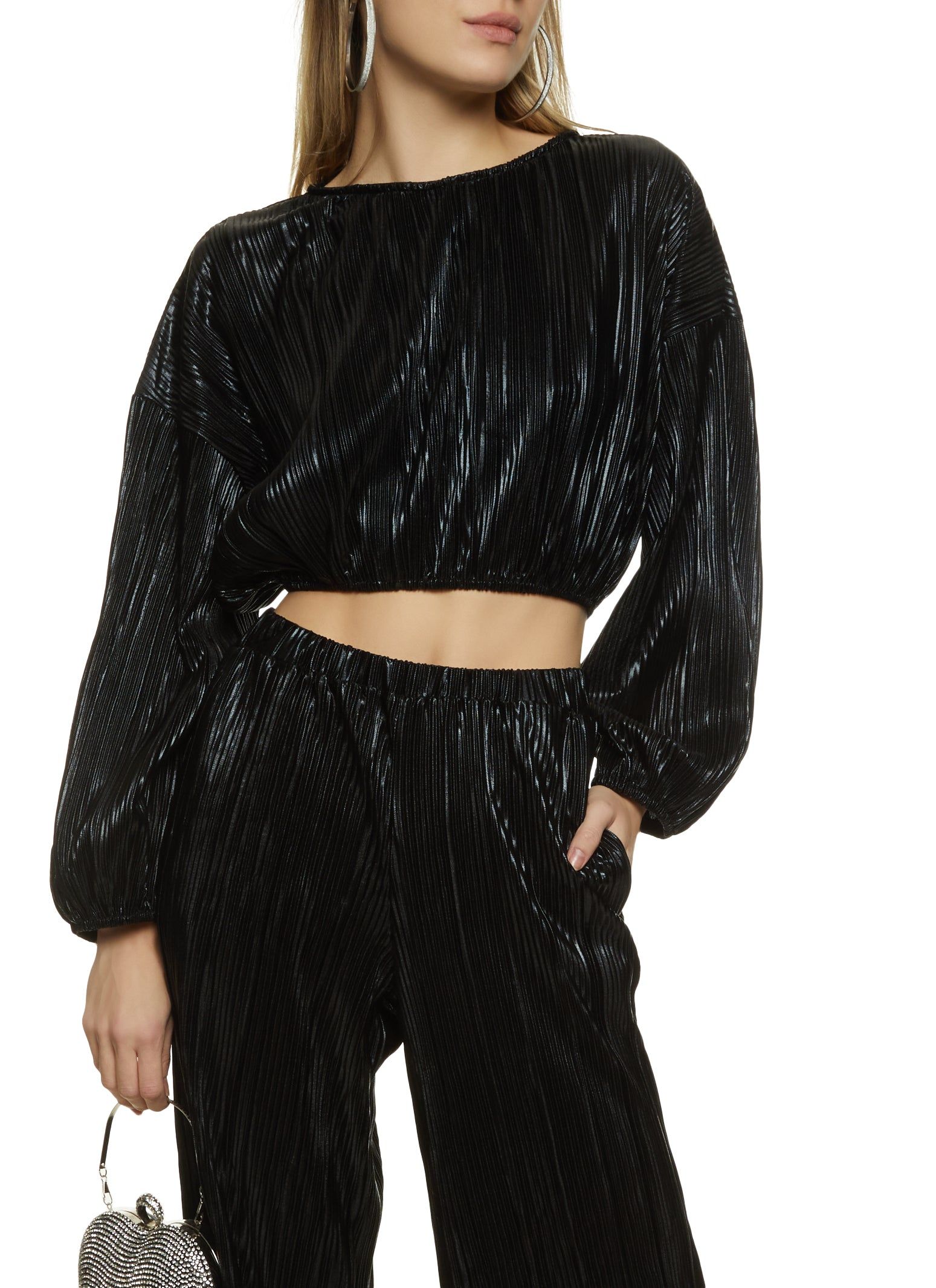 Plisse Balloon Sleeve Cropped Blouse sold by Rainbow