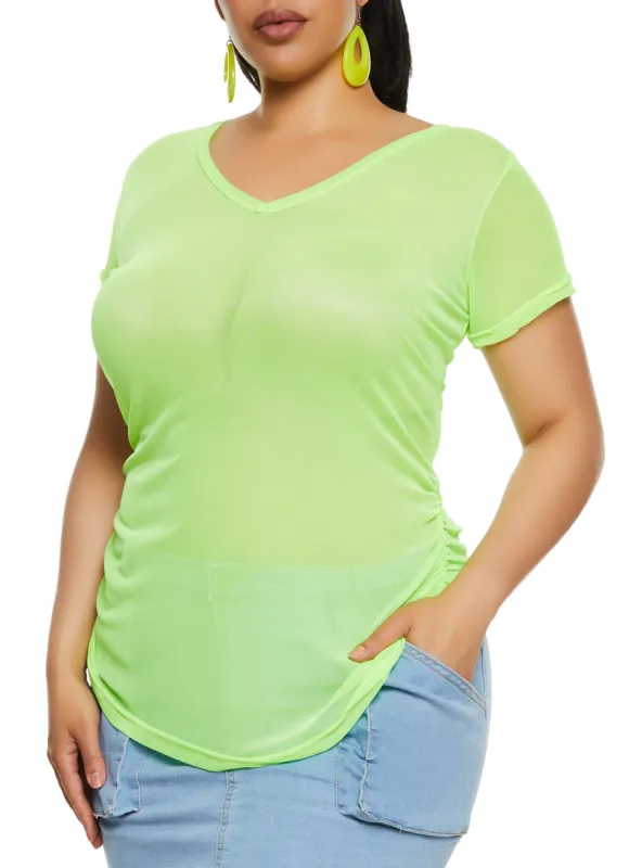 Plus Size Mesh Ruched V Neck Top sold by Rainbow