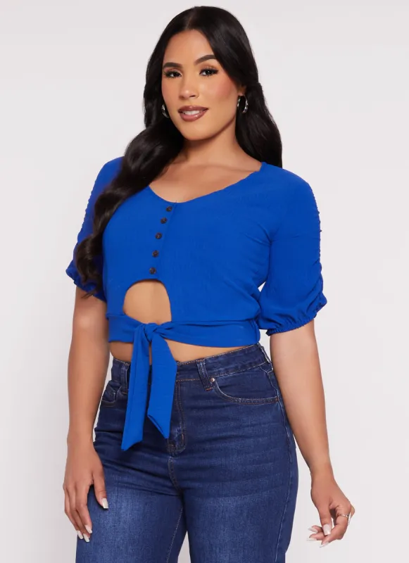 Puff Sleeve Cut Out Button Front Top sold by Rainbow