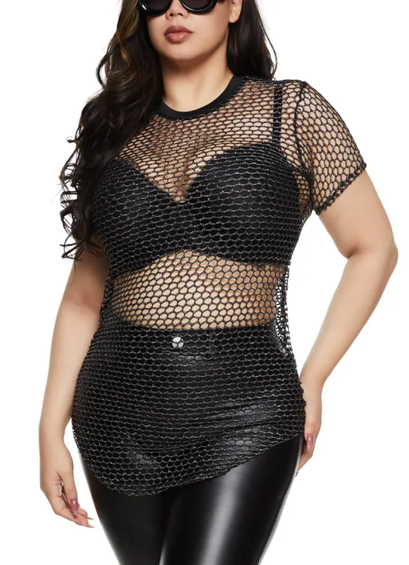 Plus Size Lurex Fishnet Crew Neck Top sold by Rainbow