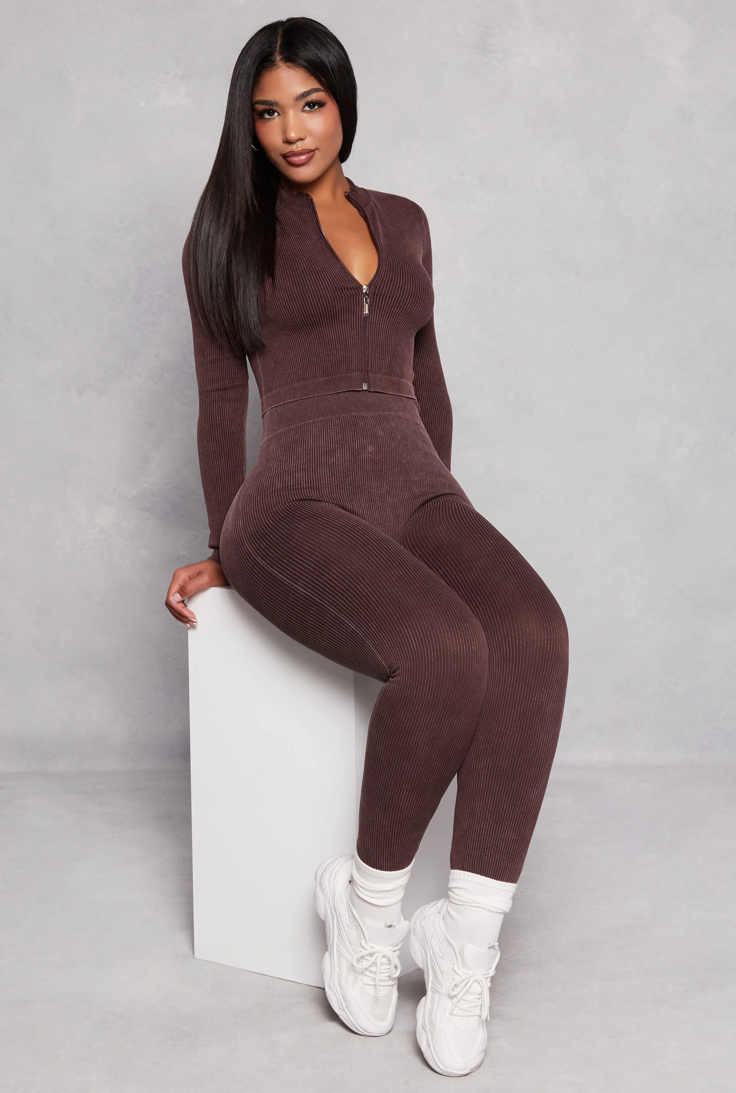 Ribbed Knit Mock Neck Zip Front Crop Top sold by Rainbow product image thumbnail 2