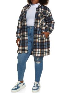 Plus Size Plaid Pocket Detail Button Front Shacket sold by Rainbow