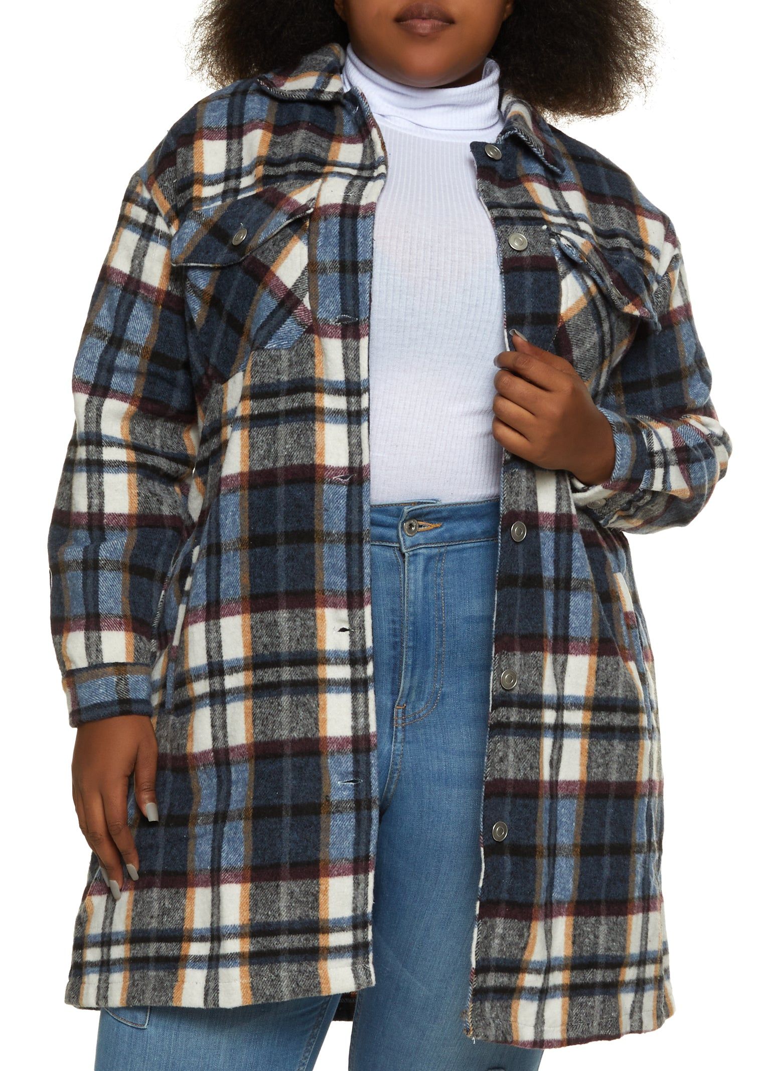 Plus Size Plaid Pocket Detail Button Front Shacket sold by Rainbow