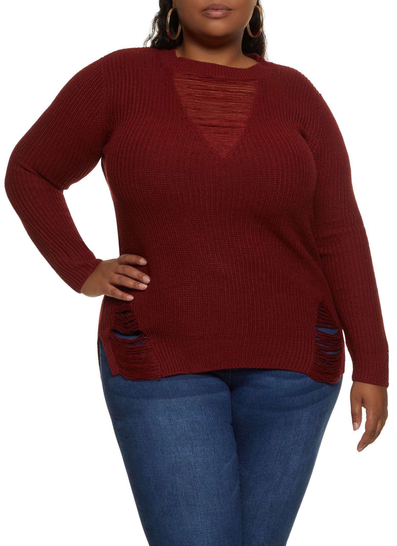 Plus Size Distressed Detail Pullover Sweater sold by Rainbow