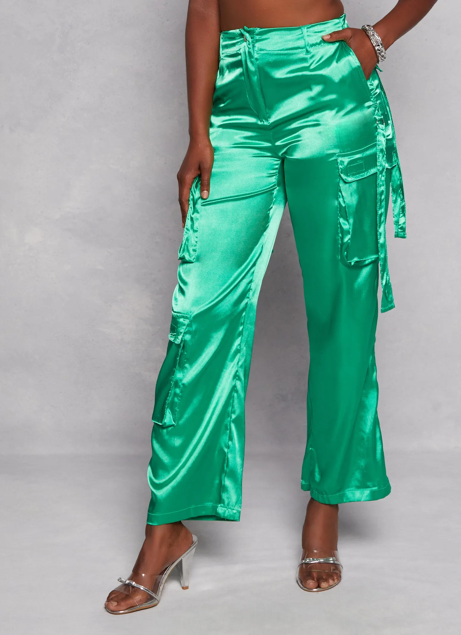 Satin High Waisted Wide Leg Cargo Pants sold by Rainbow product image thumbnail 2