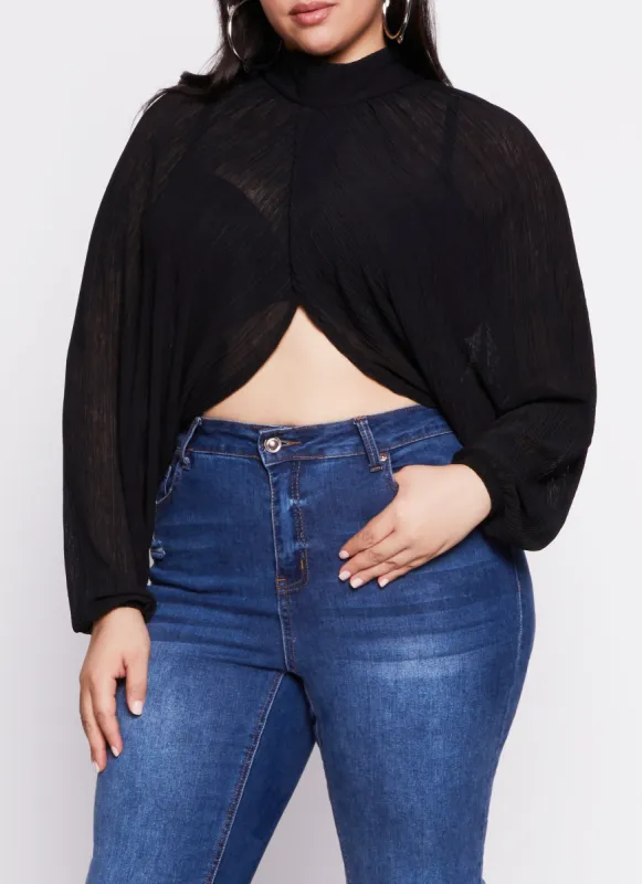 Plus Size Chiffon Mock Neck Long Sleeve Crop Top sold by Rainbow