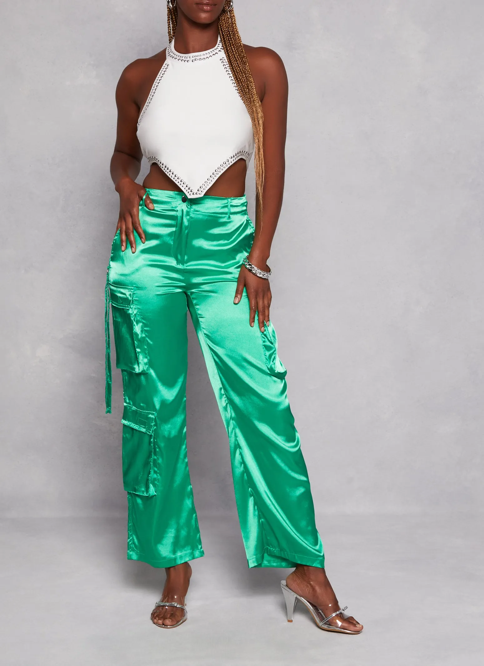 Satin High Waisted Wide Leg Cargo Pants sold by Rainbow