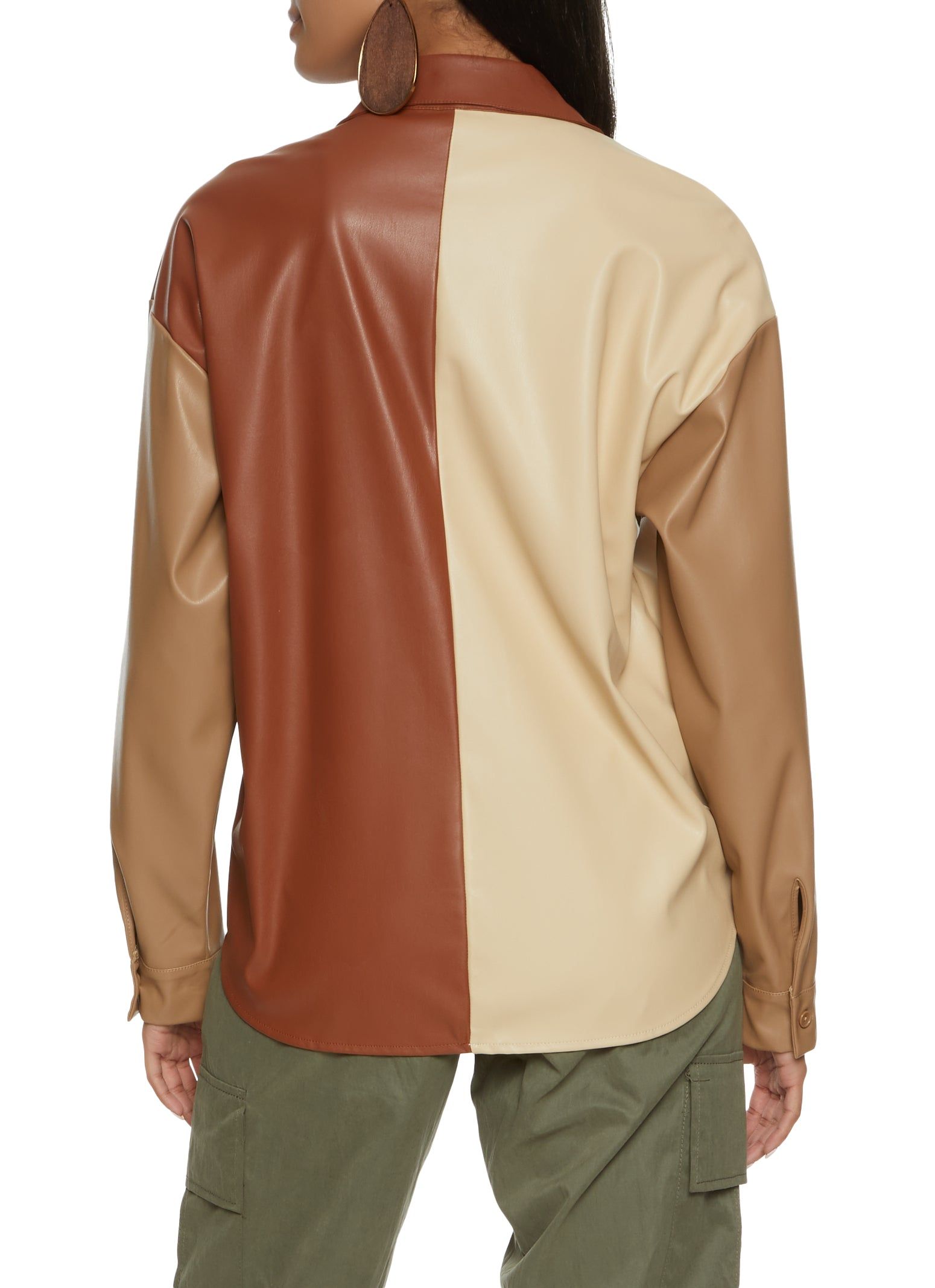 Faux Leather Color Block Button Front Shirt sold by Rainbow product image thumbnail 3