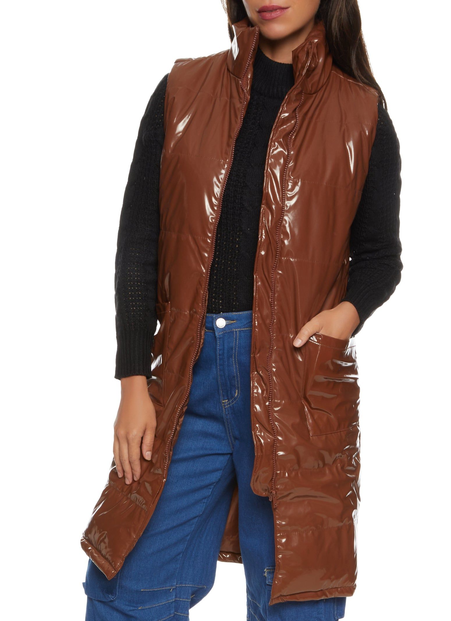 Faux Patent Leather Longline Puffer Vest sold by Rainbow