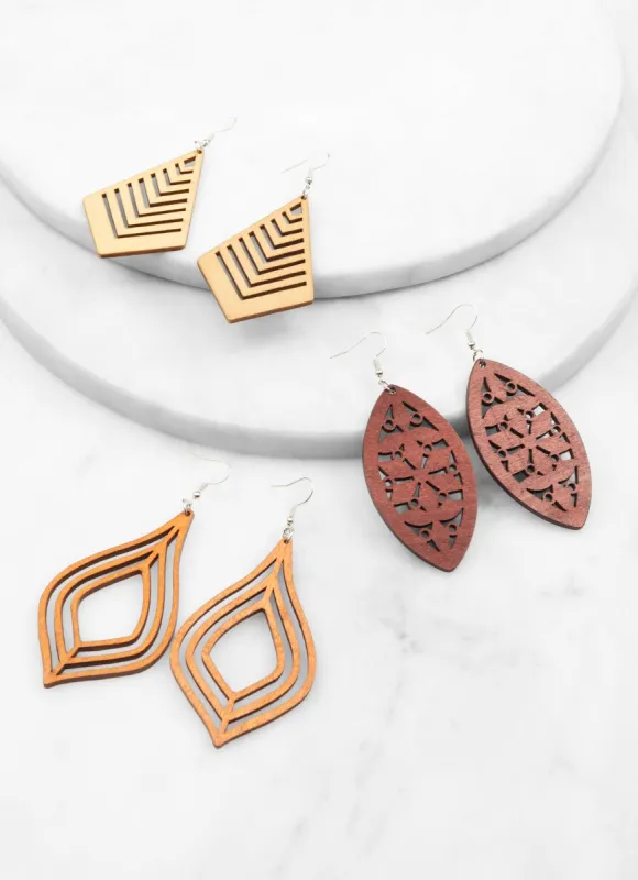 Bohemian Wooden Drop Earring Trio sold by Rainbow