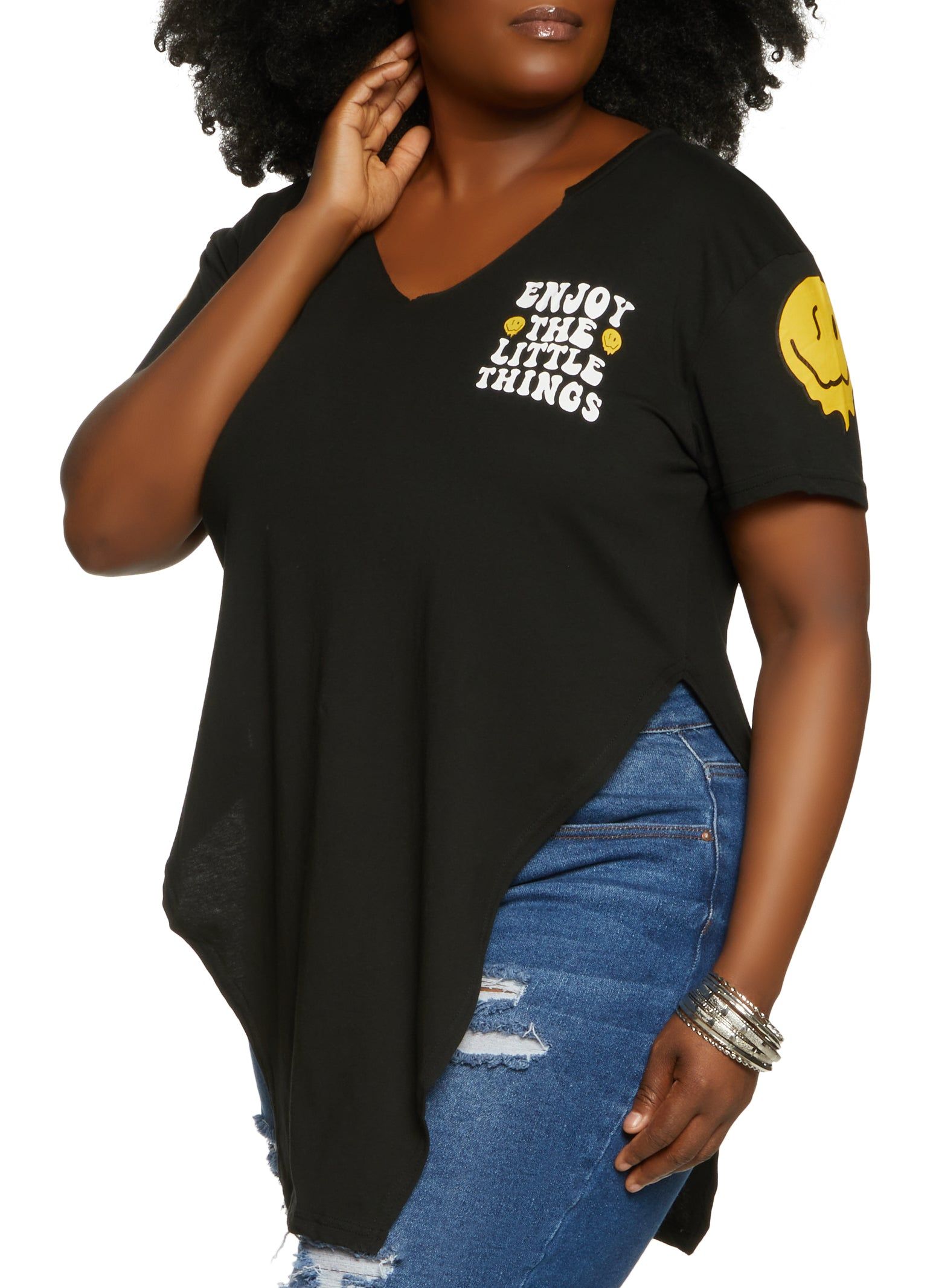 Plus Size Enjoy The Little Things Hanky Hem Graphic Tee sold by Rainbow