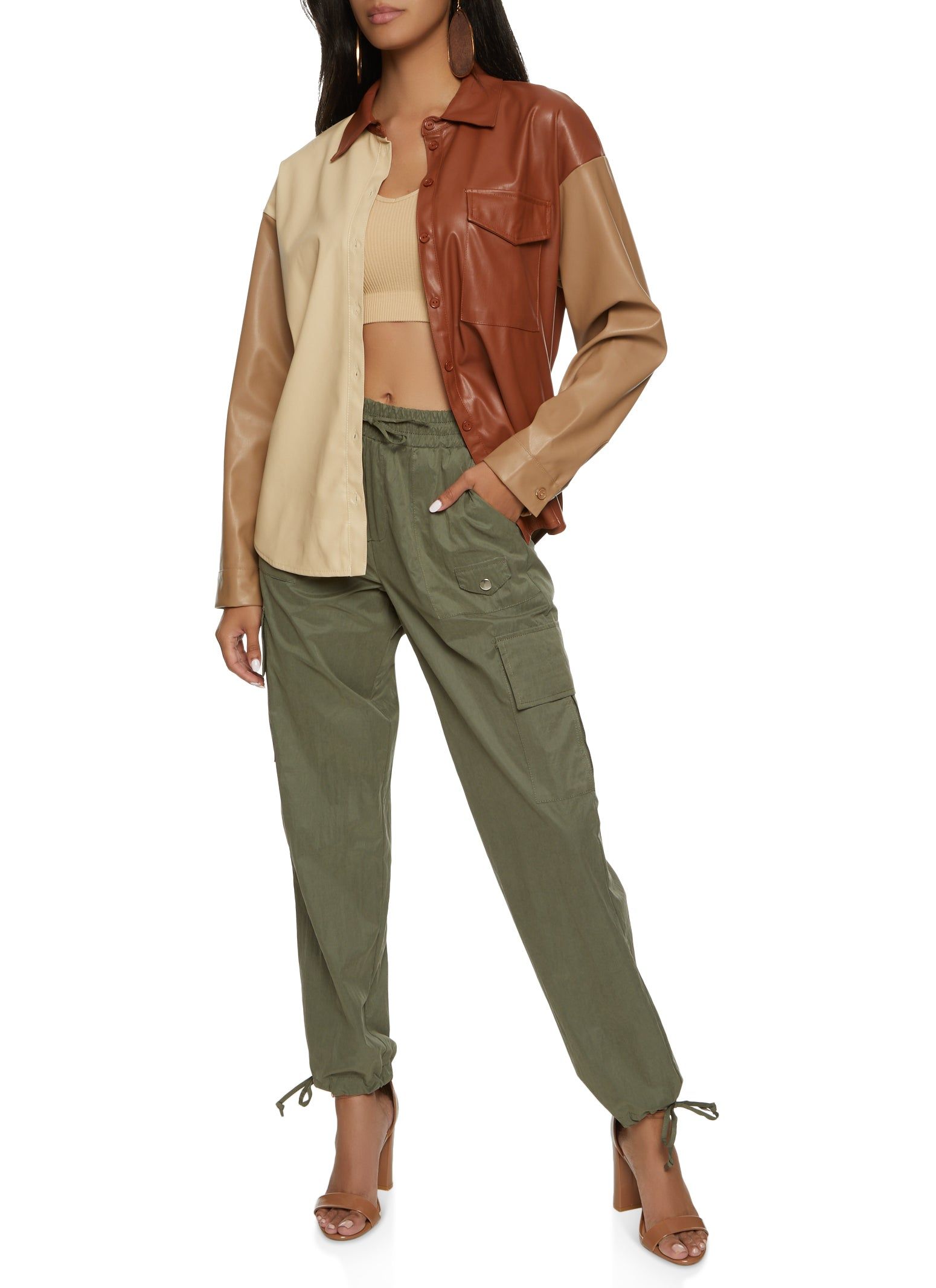 Faux Leather Color Block Button Front Shirt sold by Rainbow product image thumbnail 2