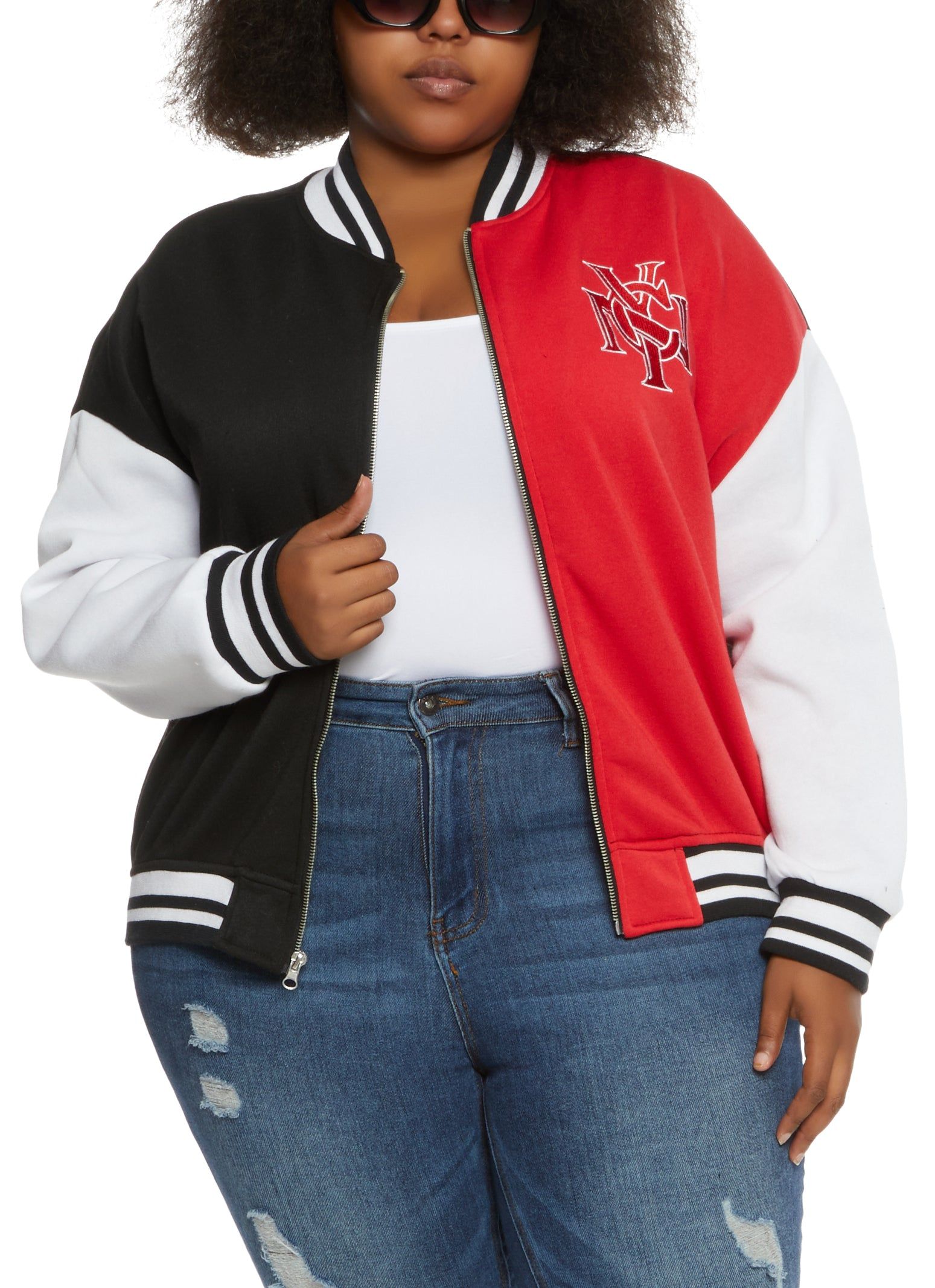Plus Size Color Block NYC Zip Up Varsity Jacket sold by Rainbow