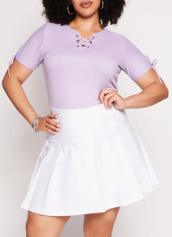 Plus Size Lace Up Notch Neck Tie Sleeve Tee sold by Rainbow