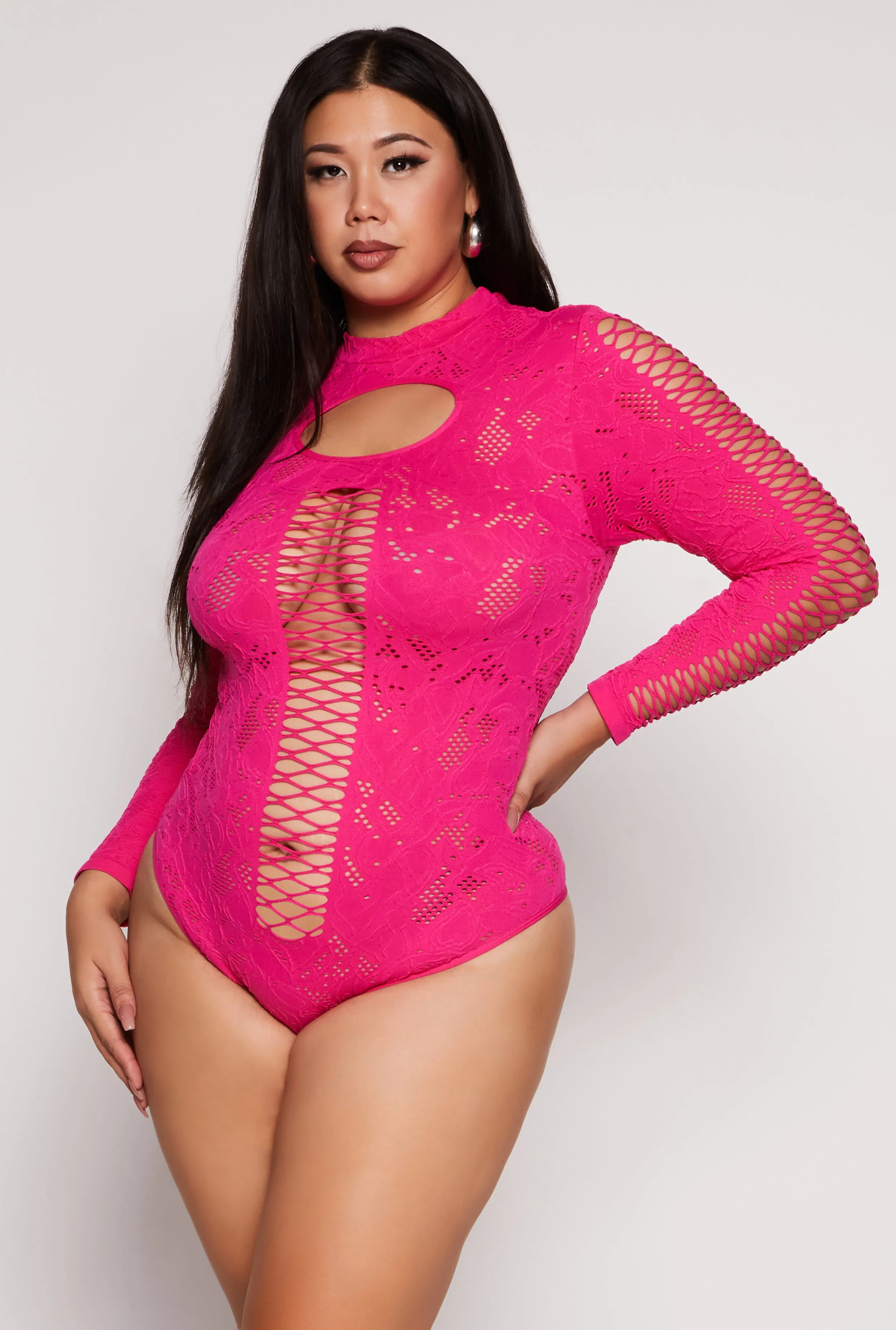 Plus Size Keyhole Fishnet Detail Long Sleeve Bodysuit sold by Rainbow