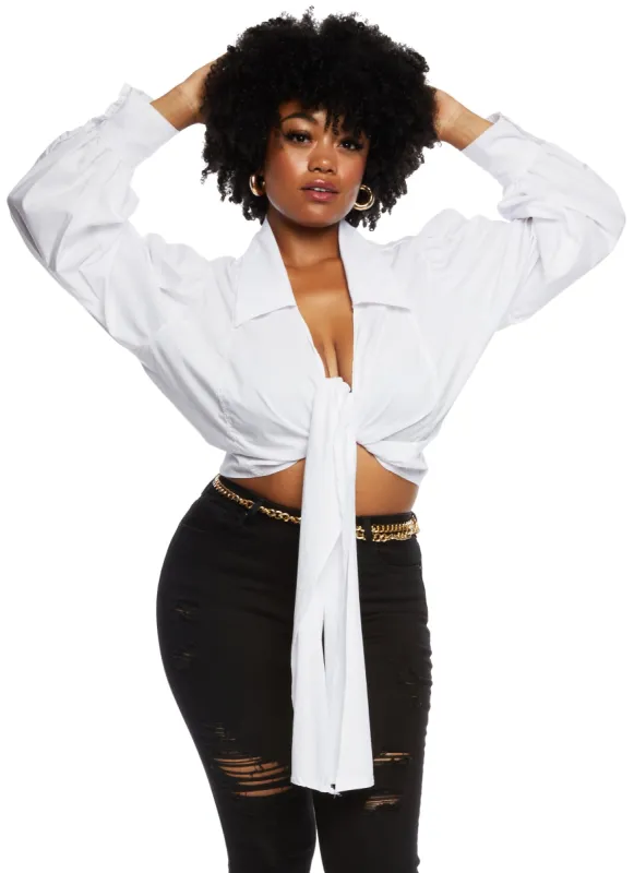Plus Size Balloon Sleeve Tie Front Crop Top sold by Rainbow