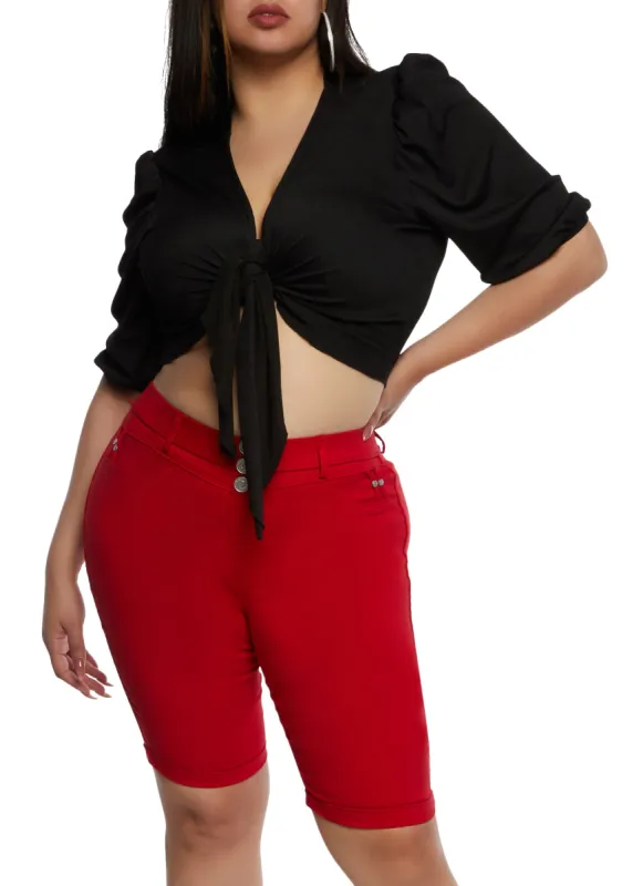 Plus Size Triple Button High Waist Capri Pants sold by Rainbow