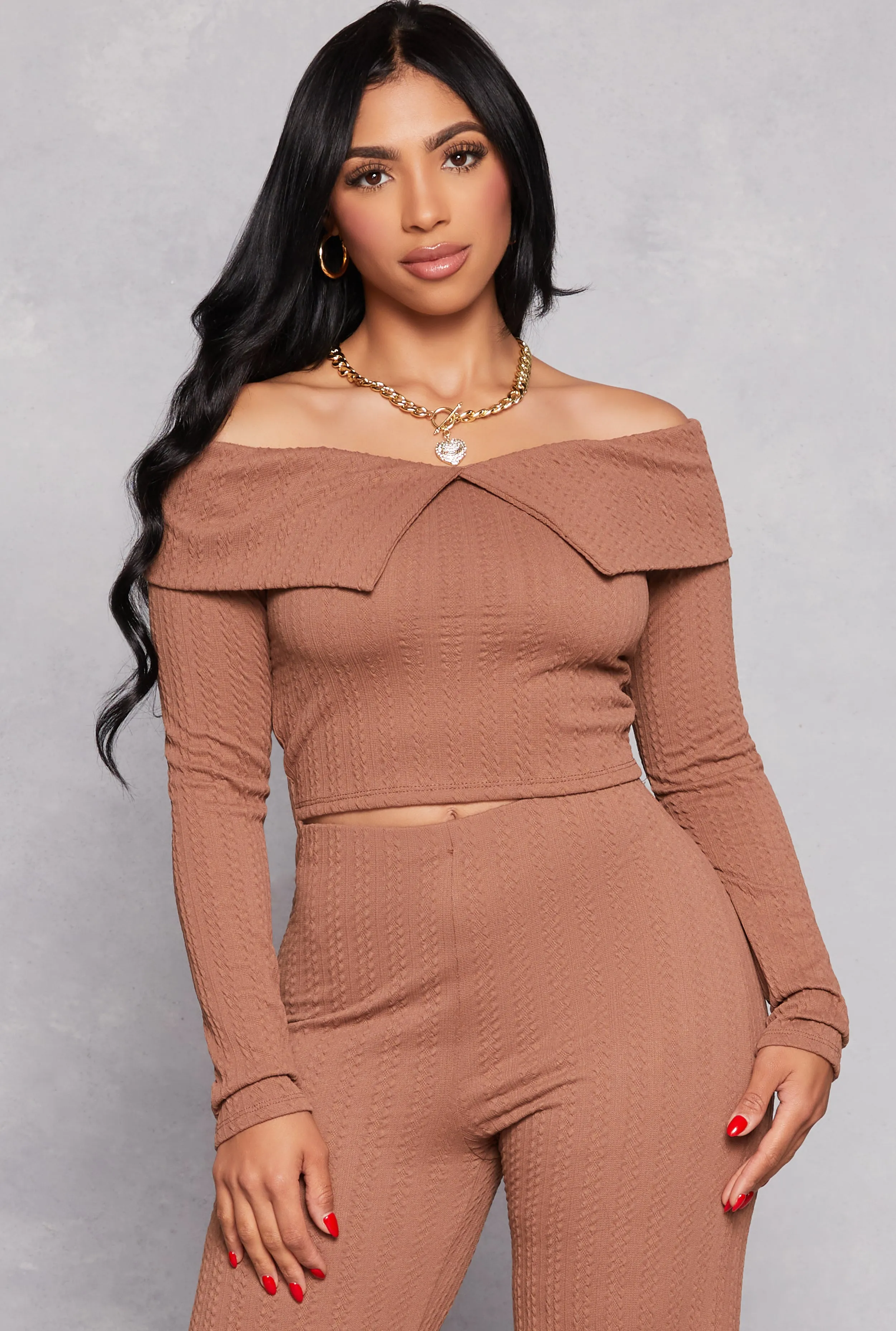 Textured Knit Off the Shoulder Long Sleeve Top sold by Rainbow