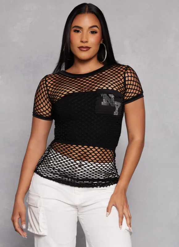 NY Rhinestone Pocket Fishnet Top sold by Rainbow