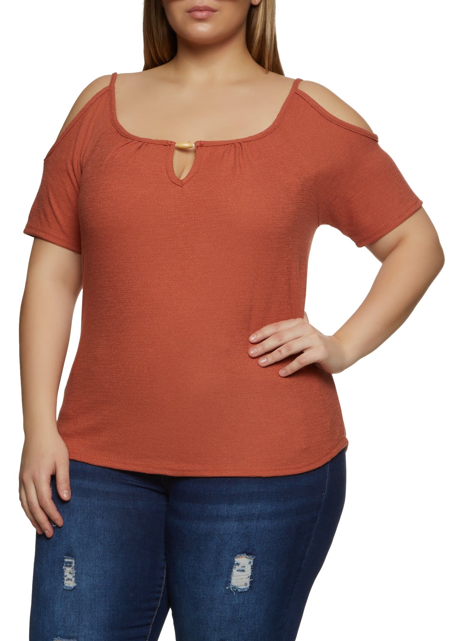 Plus Size Keyhole Detail Cold Shoulder Blouse sold by Rainbow