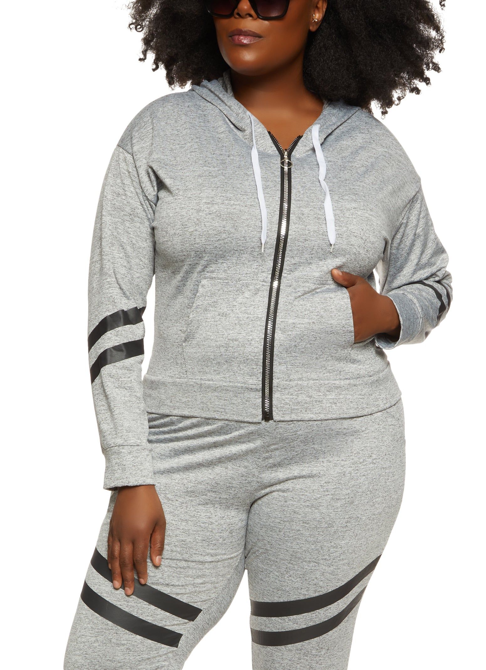Plus Size Zip Front Varsity Stripe Detail Hoodie sold by Rainbow