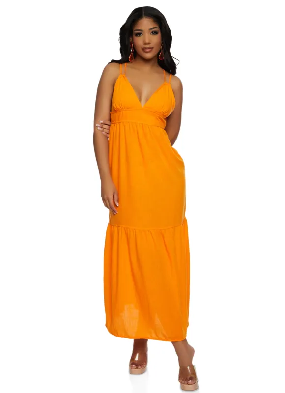 Haute Monde Linen Plunge Tiered Maxi Dress sold by Rainbow