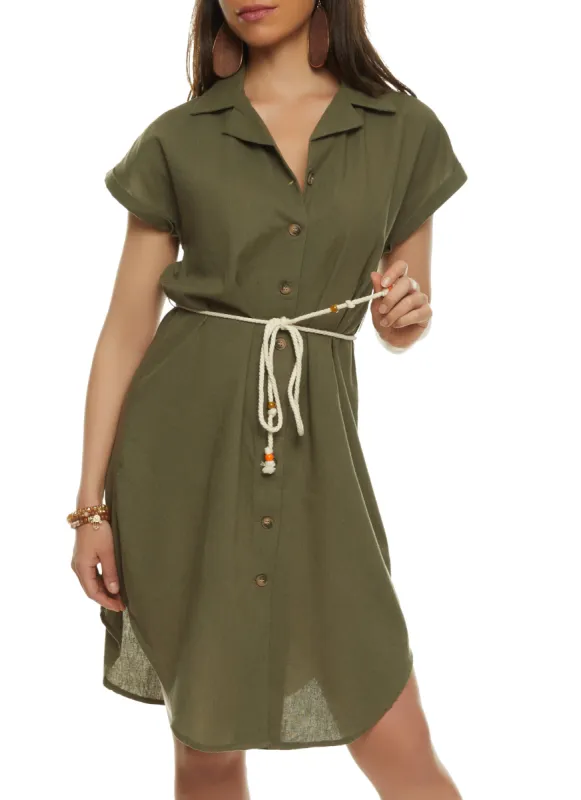 Linen Button Front Rope Belt Shirt Dress sold by Rainbow