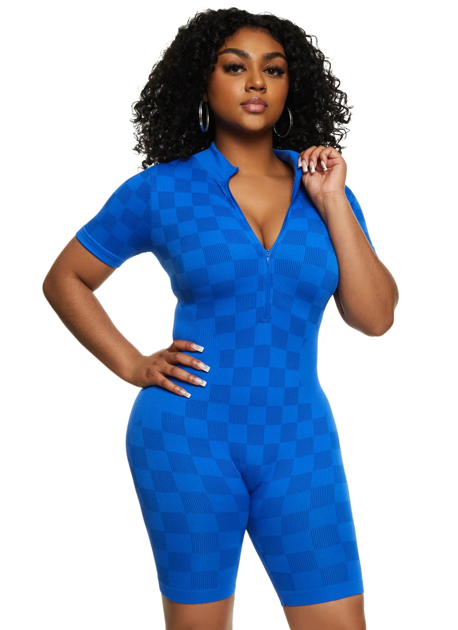 Seamless Checkered Half Zip Romper sold by Rainbow