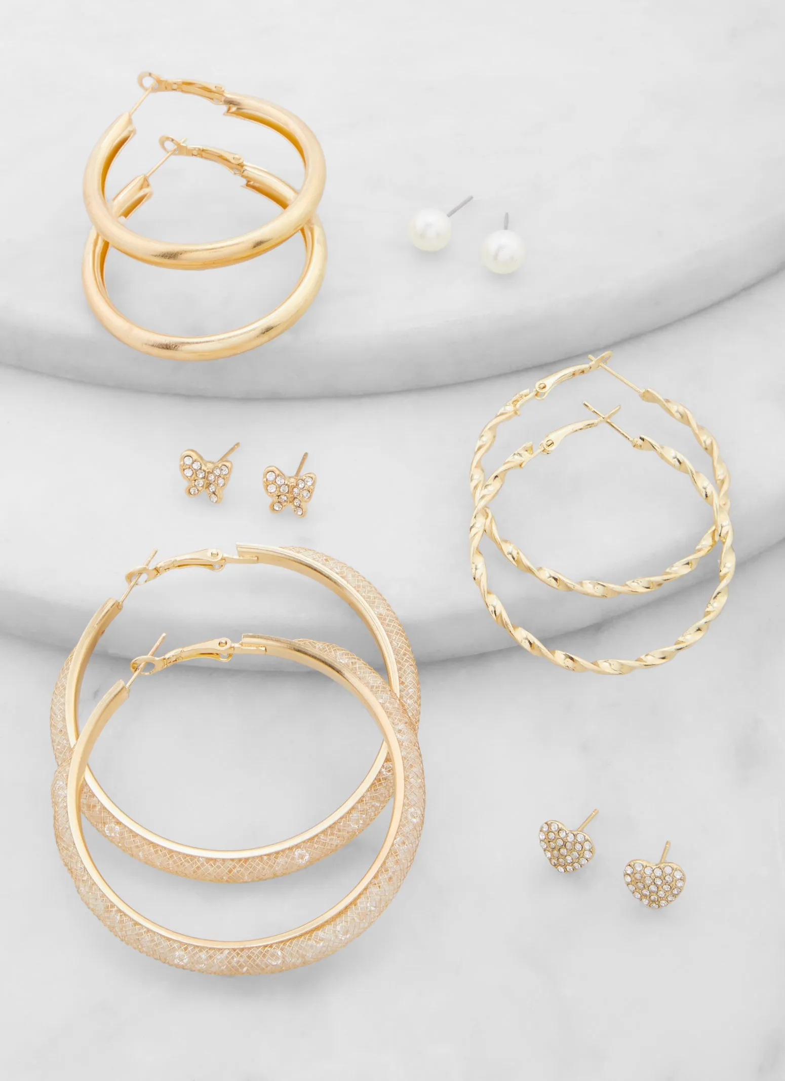 Textured Metallic Hoop and Rhinestone Stud Earrings Set of 6 sold by Rainbow