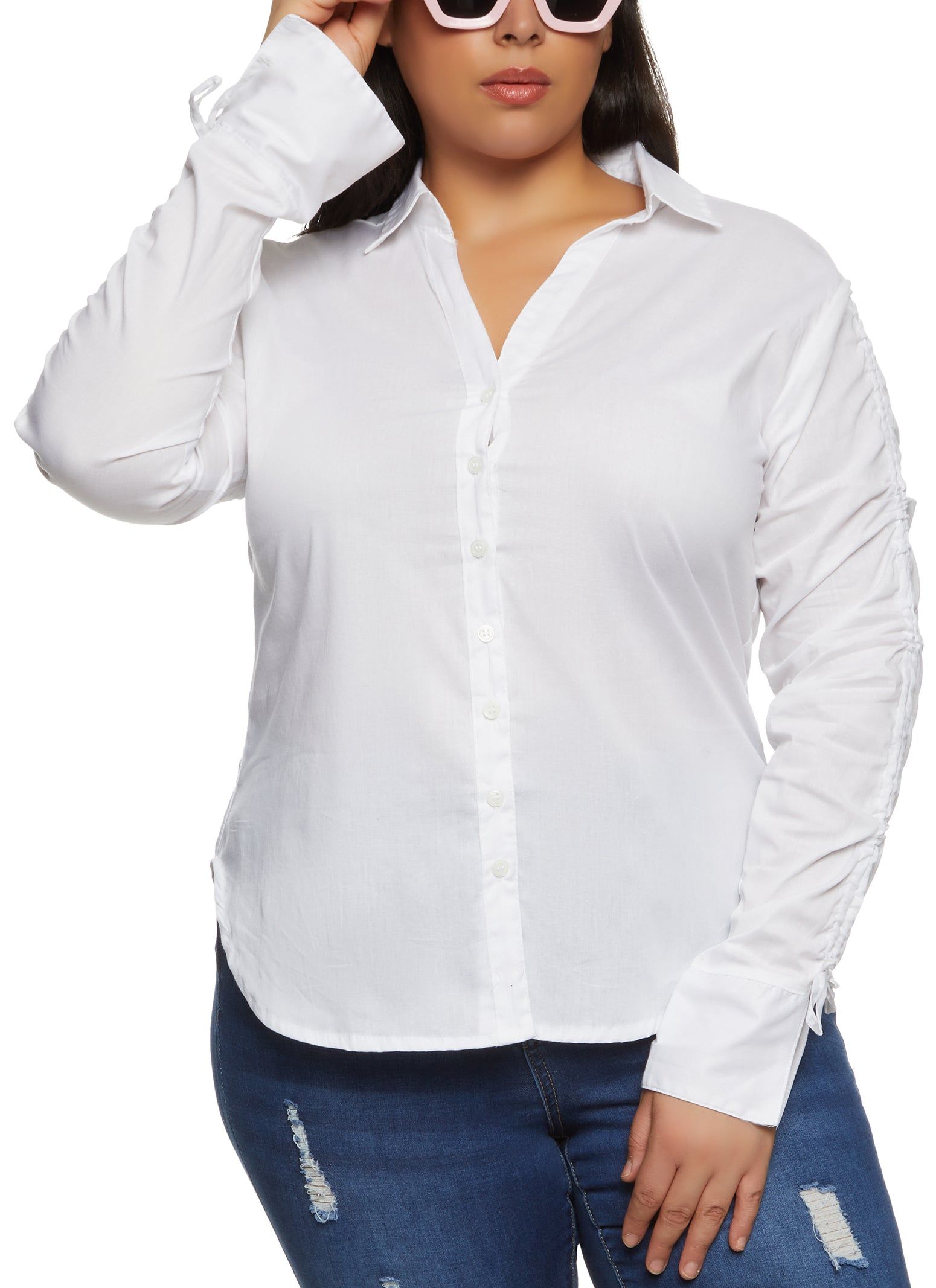 Plus Size Ruched Sleeve Button Front Shirt sold by Rainbow