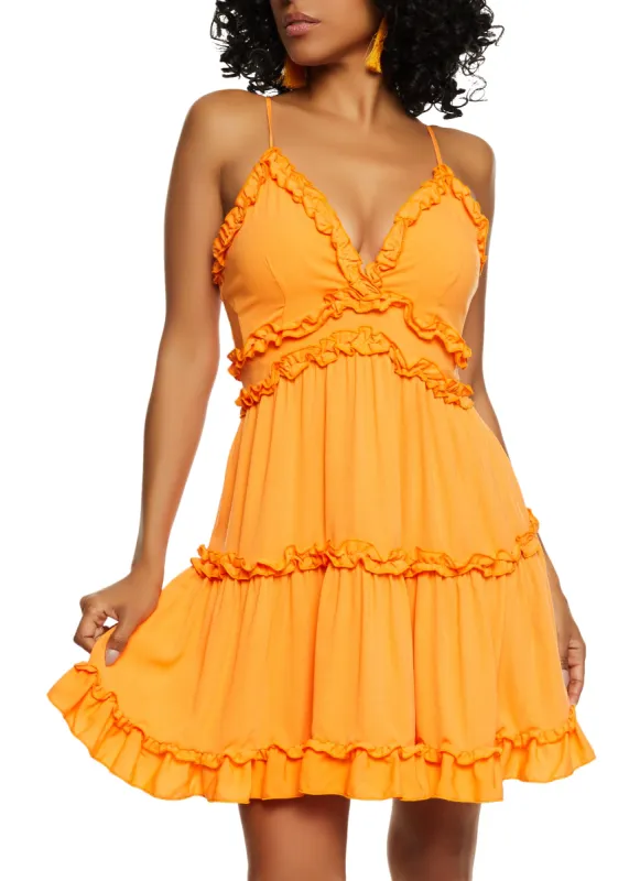 Iris Ruffle Trim Plunge Neck Mini Dress sold by Rainbow