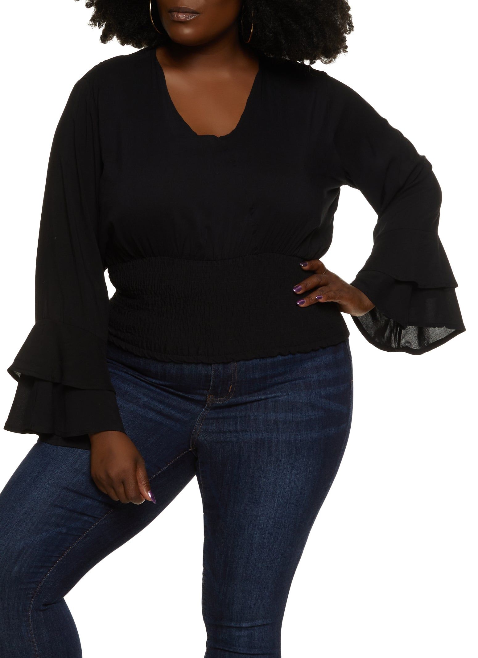 Plus Size Smocked Waist Faux Wrap Top sold by Rainbow