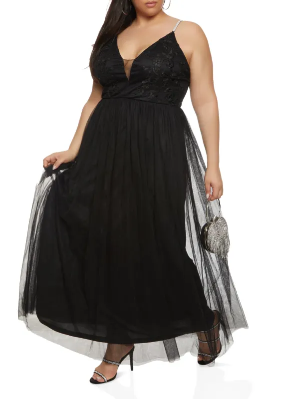 Plus Size Haute Monde Lace Detail Plunge Tulle Maxi Dress sold by Rainbow