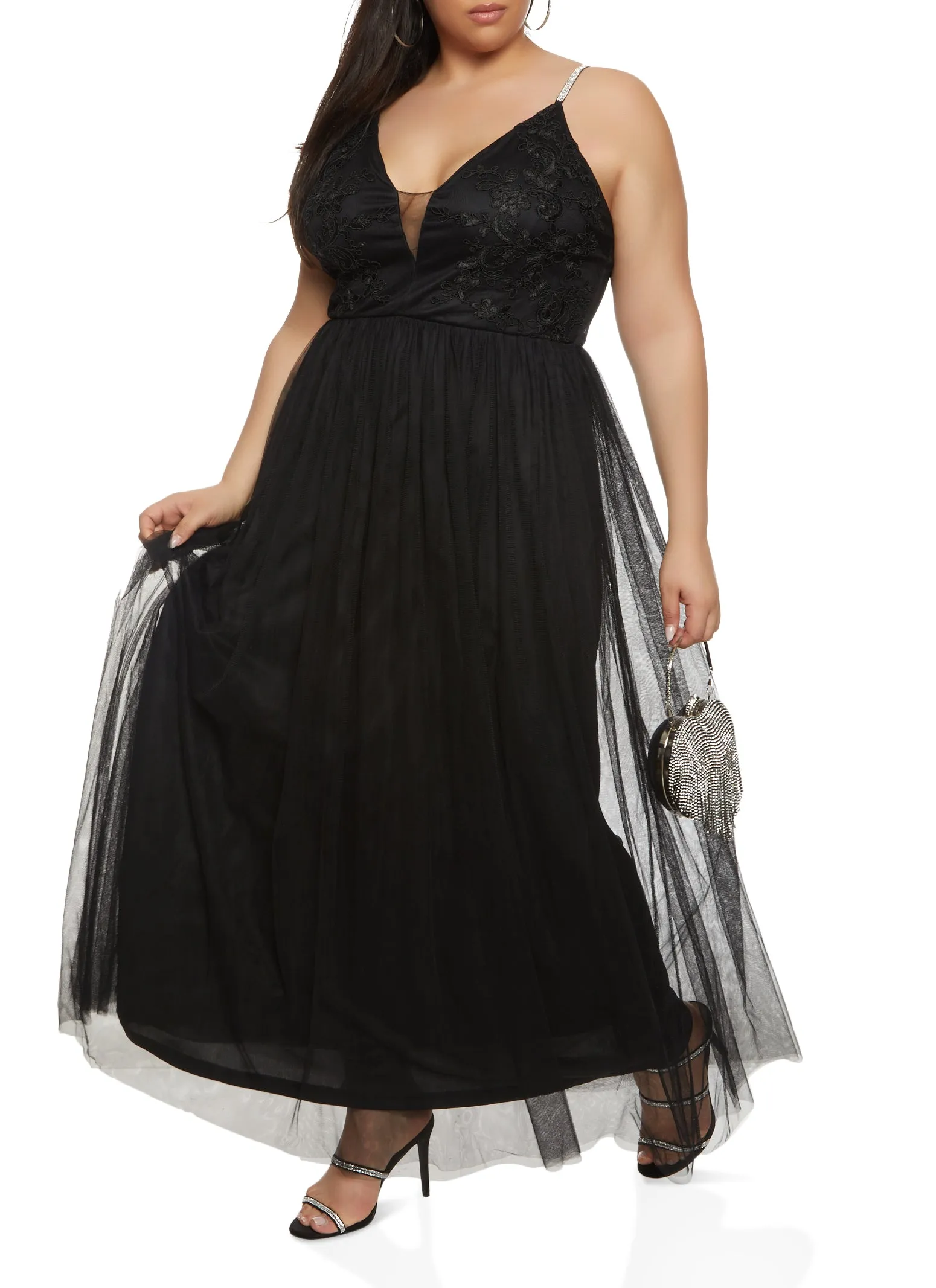 Plus Size Haute Monde Lace Detail Plunge Tulle Maxi Dress sold by Rainbow