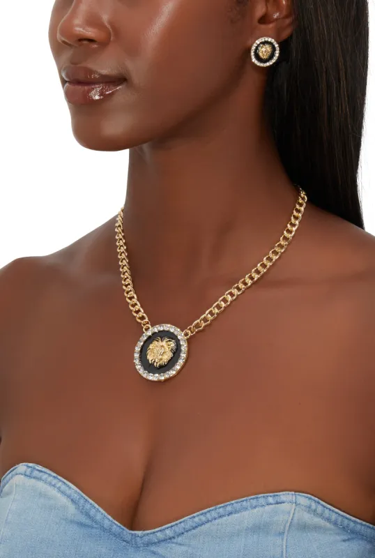 Lion Pendant Necklace and Stud Earrings sold by Rainbow