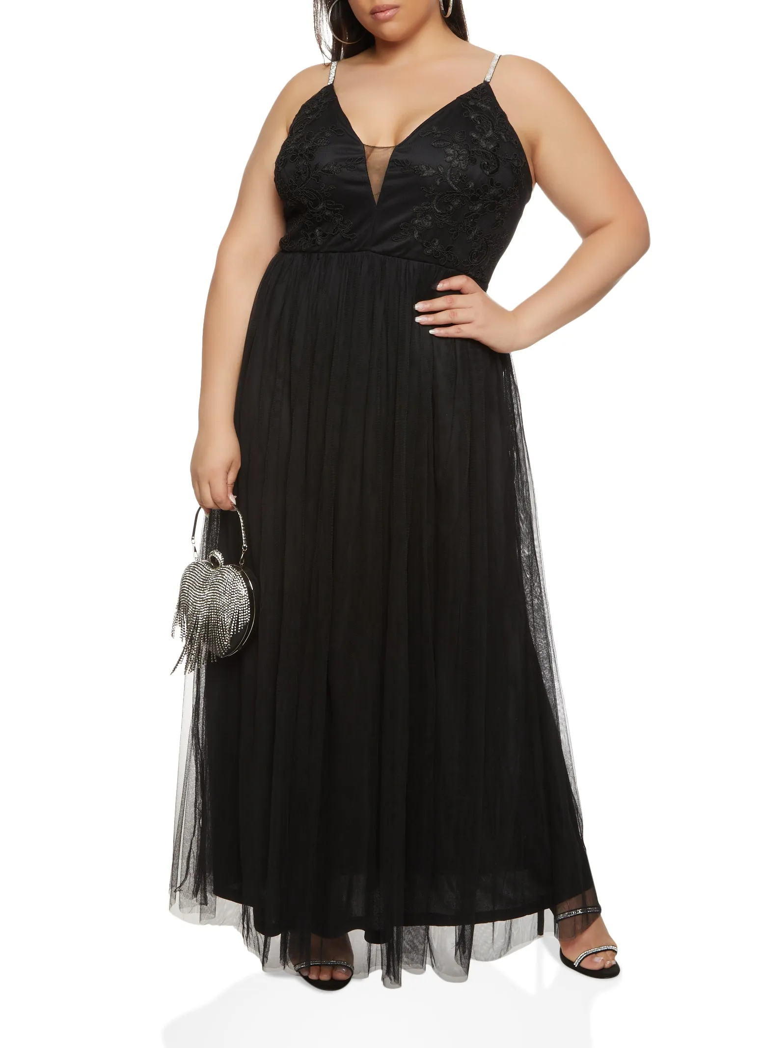 Plus Size Haute Monde Lace Detail Plunge Tulle Maxi Dress sold by Rainbow product image thumbnail 2