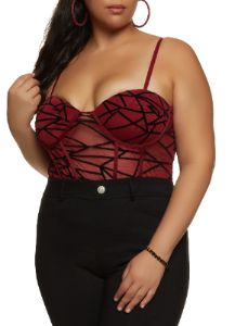 Plus Size Velvet Burnout Patterned Mesh Bodysuit sold by Rainbow