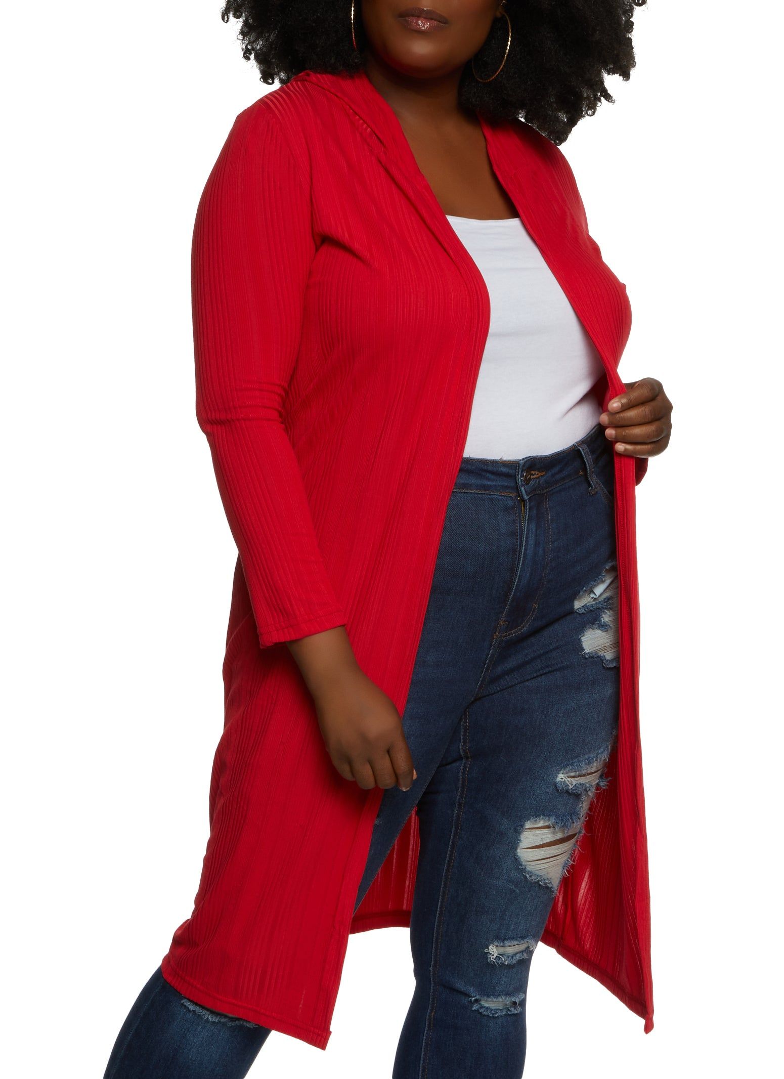 Plus Size Ribbed Knit Hooded Duster sold by Rainbow