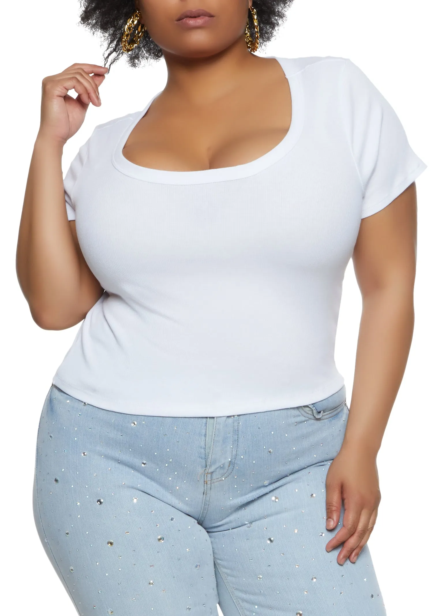 Plus Size Ribbed Knit Basic Scoop Neck Top sold by Rainbow