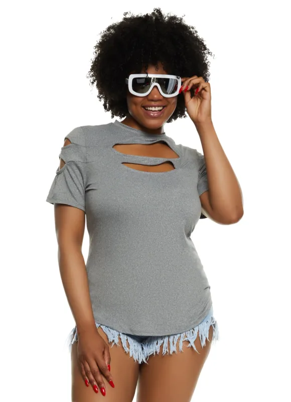 Plus Size Cut Out Crew Neck T Shirt sold by Rainbow