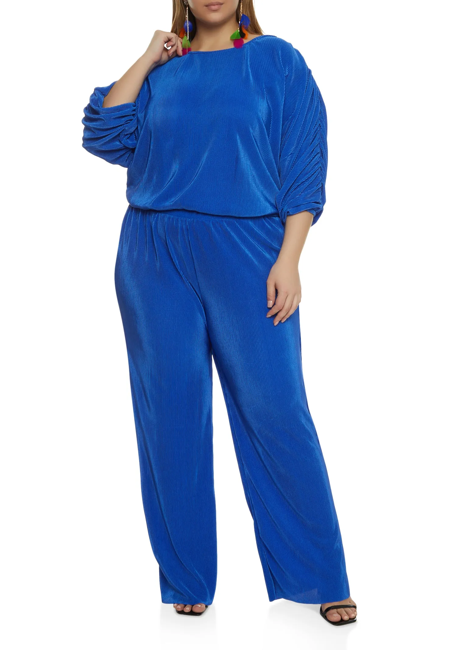 Plus Size Plisse Ruched Sleeve Blouse and Pants Set sold by Rainbow
