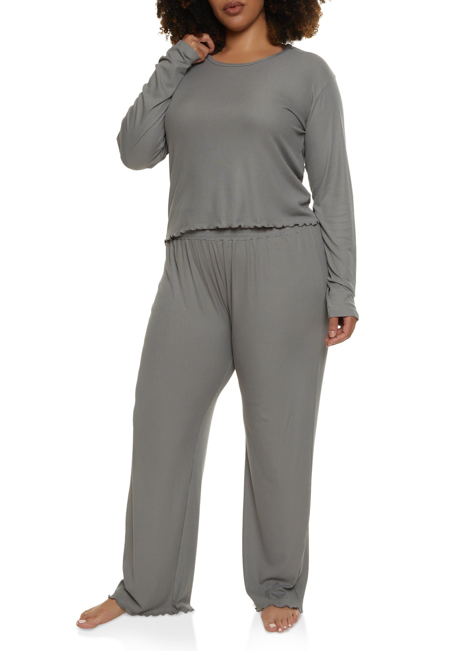 Plus Size Solid Ribbed Knit Lettuce Edge Pajama Top and Pants sold by Rainbow
