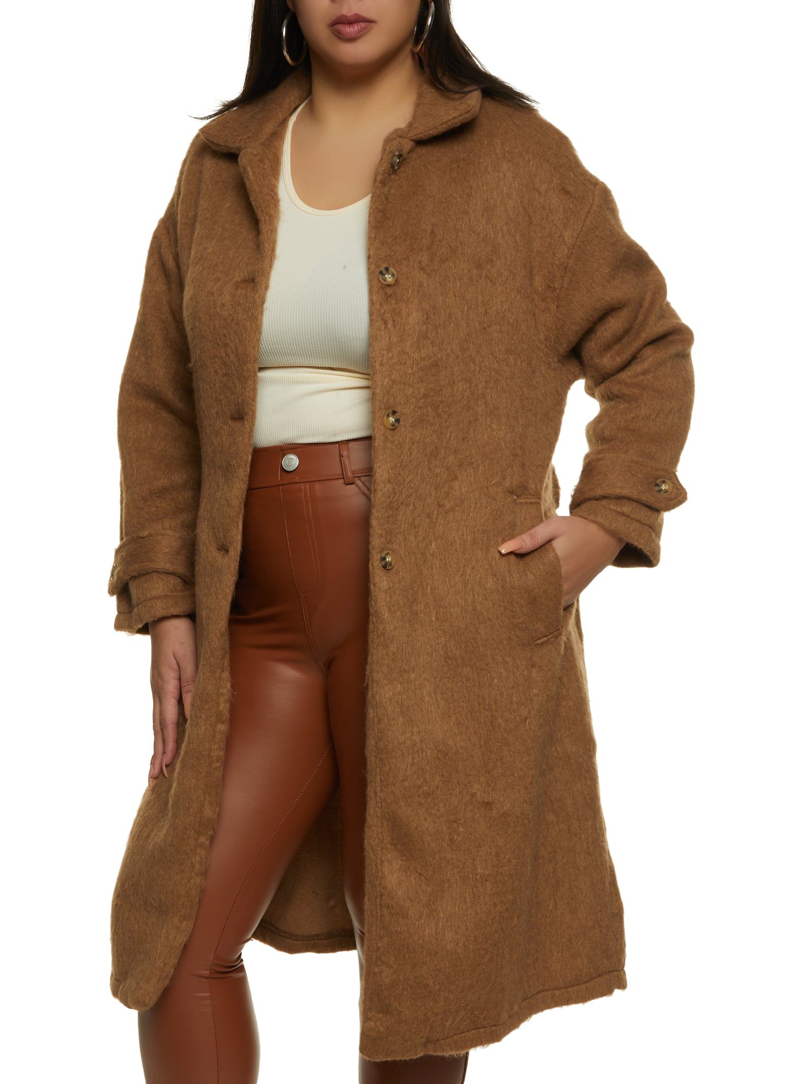 Plus Size Button Front Tie Waist Belted Coat sold by Rainbow