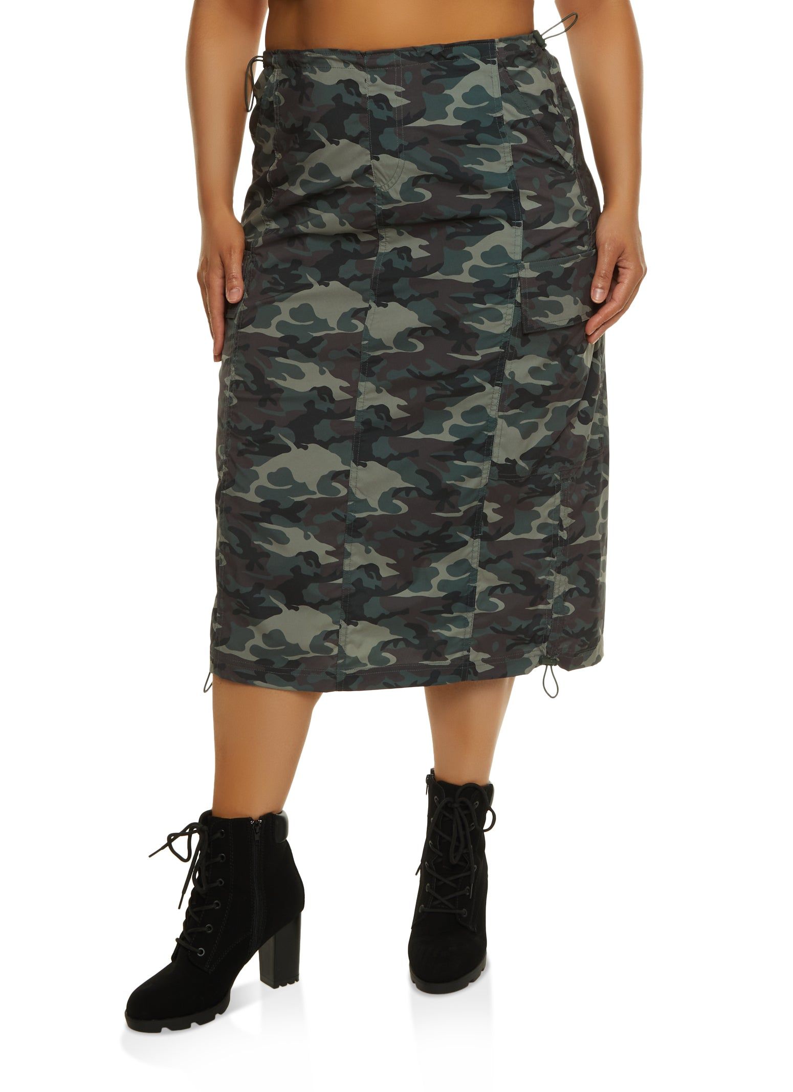 Plus Size Camo Cargo Pocket Midi Skirt sold by Rainbow