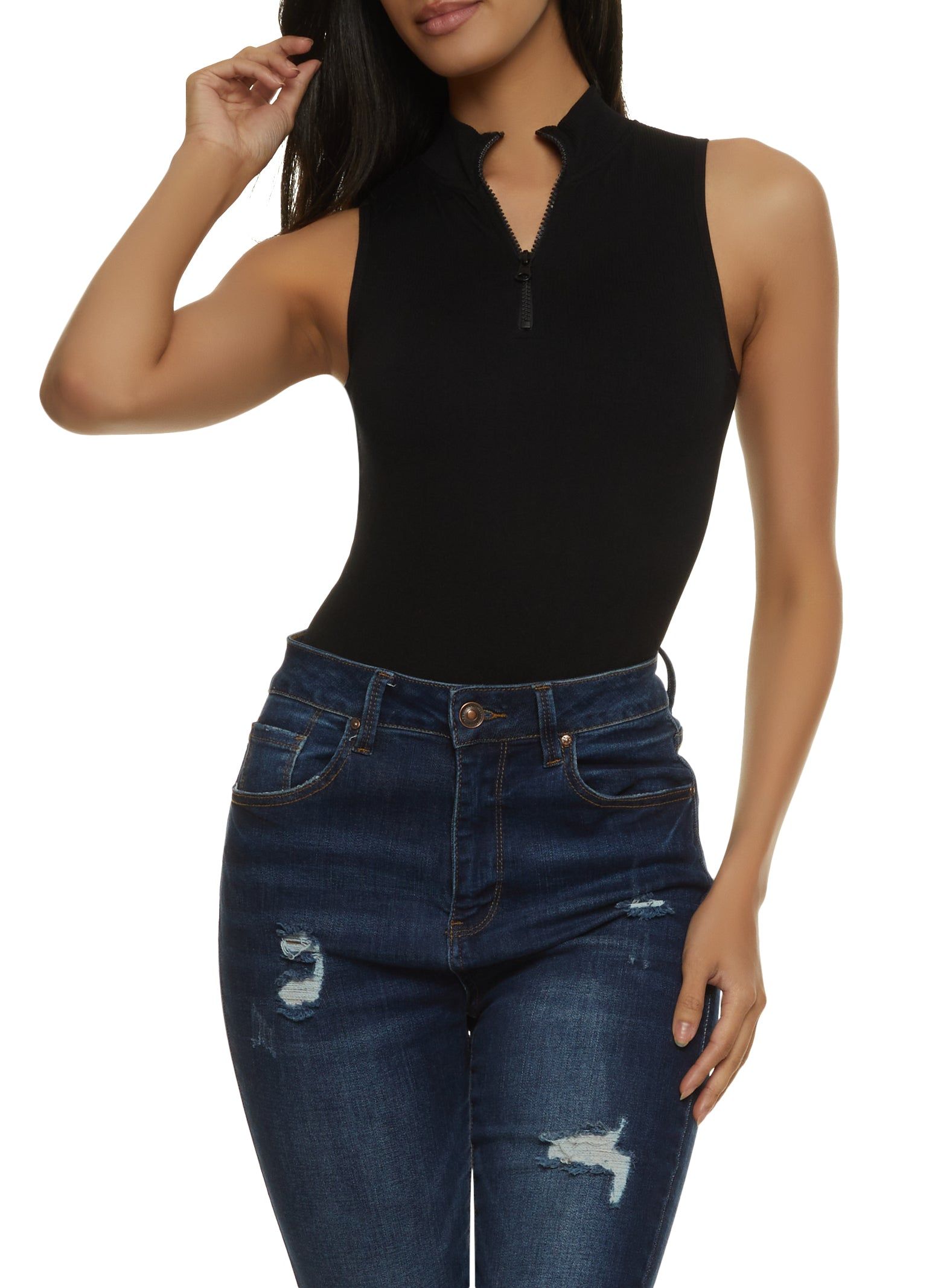 Ribbed Zip Neck Sleeveless High Cut Bodysuit sold by Rainbow